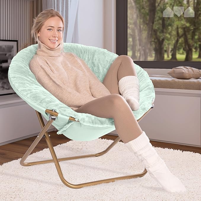 Milliard Saucer Chair for Adults, Teens & Kids, Mint, Faux Fur XL Circle Chair for Bedroom, Dorm & Gaming, Foldable Comfy Accent Seat for Small Spaces, Folding Moon/Mushroom/Round Oversized Style