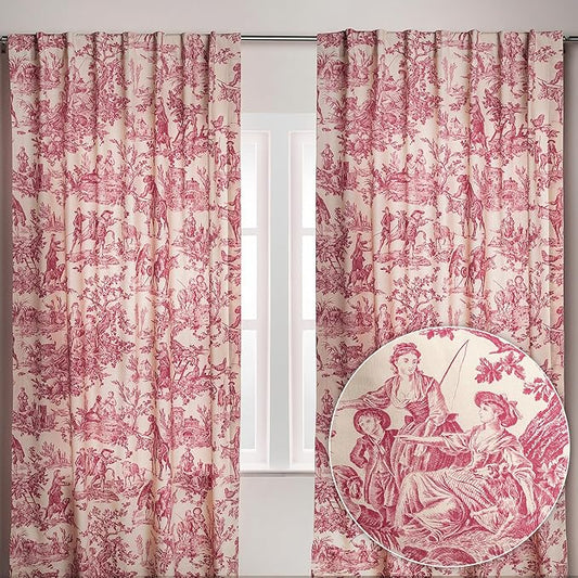 Maison d' Hermine Curtains for Living Room 100% Cotton 108 inch Length Two Panels Light Filtering Toile Curtains for Bedroom Windows with Rod and Loop Pockets Drapes (The Miller Red, 50" W x 108" L)