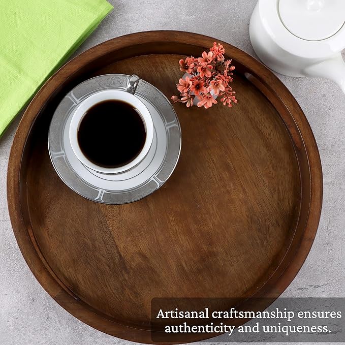 Round Wooden Tray - 12" Decorative Wood Serving Tray - Perfect for Breakfast, Lunch, Dinner, Appetizers, Patio, Ottoman, Coffee Table - Durable Living Room Couch Tray (Walnut) - ALPHA Living HOME
