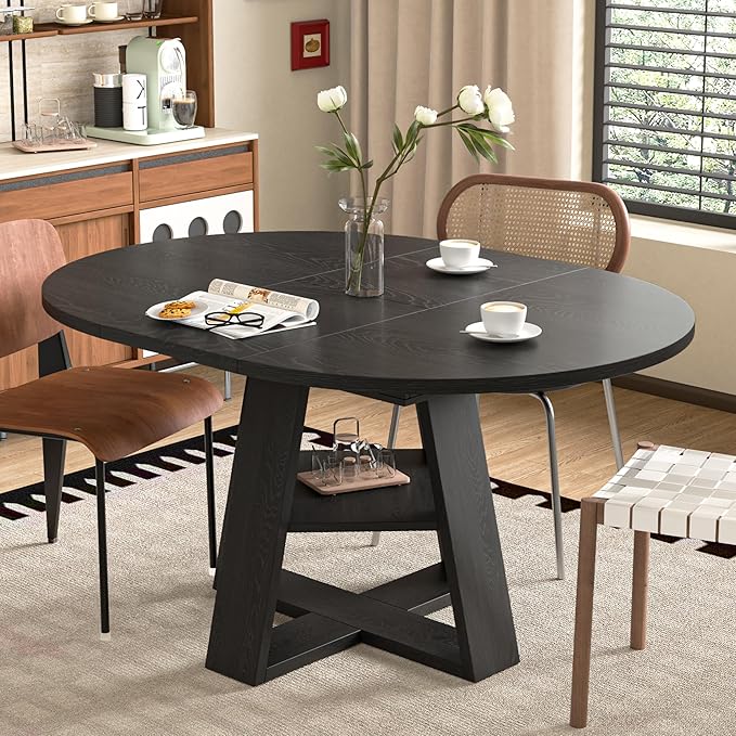 43.3in-59in Extendable Round Dining Table for 4-8,Modern Kitchen Oval Dining Table with Removable Leaves Space Saving,Wood Base with Storage Shelf for Kitchen Living Room (Black)