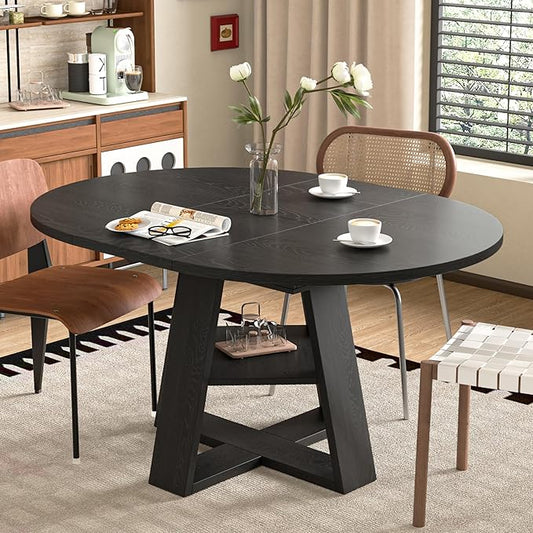 43.3in-59in Extendable Round Dining Table for 4-8,Modern Kitchen Oval Dining Table with Removable Leaves Space Saving,Wood Base with Storage Shelf for Kitchen Living Room (Black)