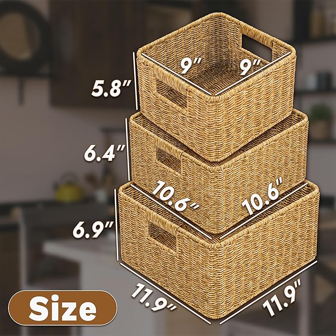 myHomeBody Wicker Storage Basket, Storage Cubes, Woven Baskets for Organizing, Resin Wicker Set of 3, Tan