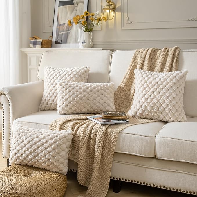 Pack of 2 Super Soft Throw Pillow Covers 12x20 Inch Faux Fur Plush Pillowcase Luxury Cozy Fluffy Decorative Cushion Cover for Sofa Couch Bed Livingroom Beige