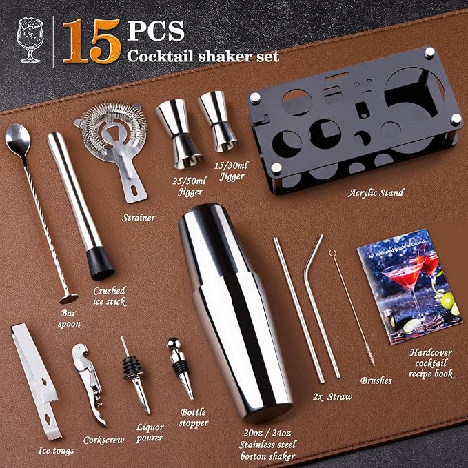 Cocktail Shaker Set Bartender Kit : 15-Piece Bar Tool Set with Acrylic Stand Bars Set with All Practical Bar Accessories, for Drink Mixing, Bar, Home, Lounge & Party, Silver