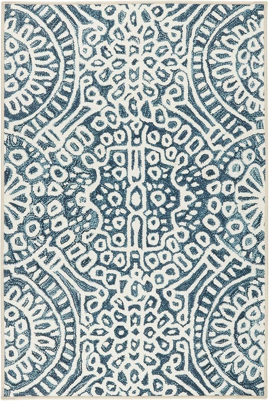 Dash & Albert Temple Ink Machine Washable Rug, 8.5 X 11.5 Feet, Blue Geometric Pattern