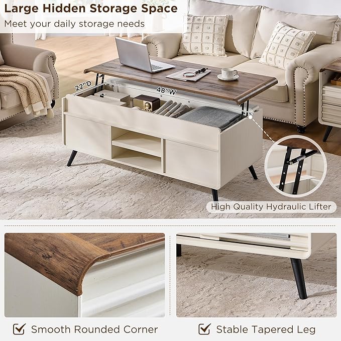 RedLemon 48" Lift top Coffee Table, mid Century Modern Coffee Table with Slatted Sliding Door, Hidden Storage Compartment, 4 Storage Shelves, Center Table for Living Room, Office, Antique White