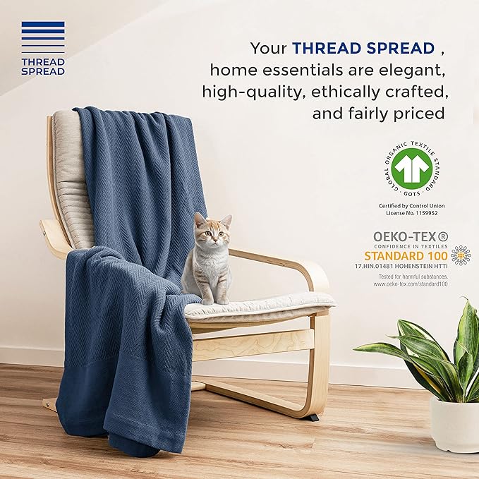 THREAD SPREAD Organic GOTS Certified Cotton Blanket, Twin/Twin XL - 350 GSM, Antistatic, Fuzzy Soft, Lightweight, Sofa, Camping & Travel, All-Season Herringbone Throw, Medium Blue + Bonus Tote Bag