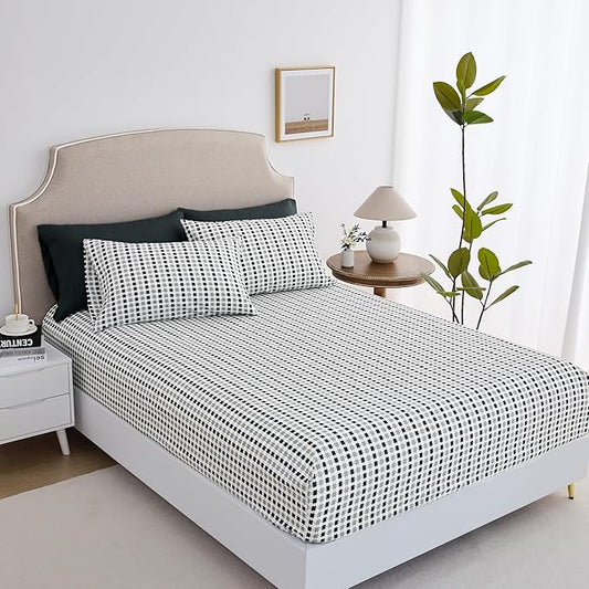 King Size Bed Sheets Set Deep Pockets - 6PC Print Ultra Soft Microfiber Bed Sheets - Easy to Clean, 90 Thread Count Sheets with Fitted Sheet, Flat Sheet & Pillowcases (Black/Grey Squares)