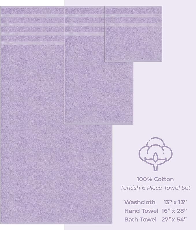 American Soft Linen Luxury 6 Piece Towel Set, 2 Bath Towels 2 Hand Towel 2 Washcloths, 600 GSM 100% Cotton Turkish Towels for Bathroom, Lilac Towel Sets