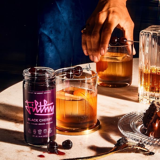 Filthy Black Cherry Whiskey Cocktail Kit, Premium Cocktail Kit for Old Fashioneds and Manhattan Cocktails at Home, Includes Black Cherry Syrup, Black Cherries & 4 Stainless Steel Cocktail Picks