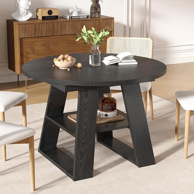 43.3in-59in Extendable Round Dining Table for 2-8,Modern Kitchen Oval Dining Table with Removable Leaves Space Saving,Wood Base with Storage Shelf for Kitchen Living Room (Black Style 2)