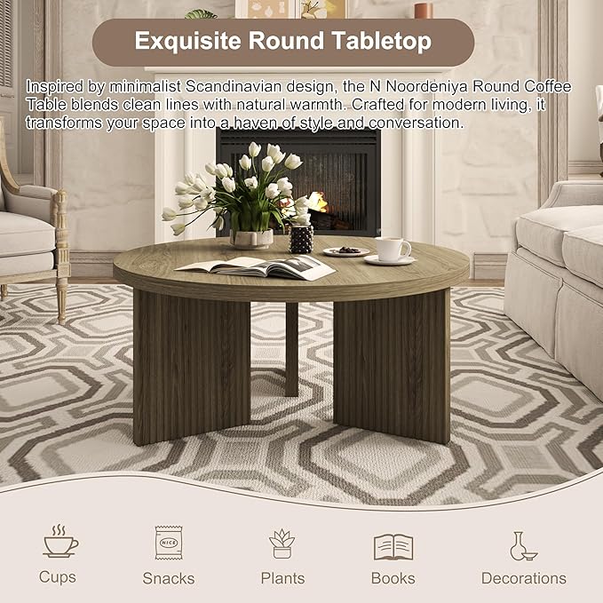 Wooden Round Coffee Table, 35" Coffee Table with Smooth Thick Mesa, Low Circle Center Table with X Shaped Stable Legs, Accent Tea Table for Living Room, Office, Walnut