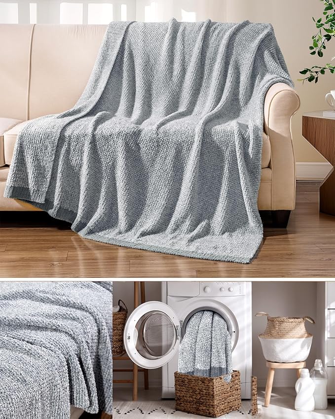 Super Soft Throw Blanket 50 x 60 Inches, Half-Side Plush Fuzzy Blanket for Couch, Sofa, Bed & Chair, Warm Cozy Lightweight Knit Blanket for Fall & Winter, Blue