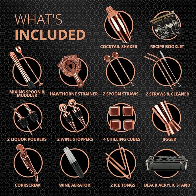 Mixology Bartender Kit – 24 Piece Rose Gold Cocktail Shaker Set w/Stand – Essential Home Bar Accessories Martini Shaker, Jigger, Muddler, Chilling Cubes & More