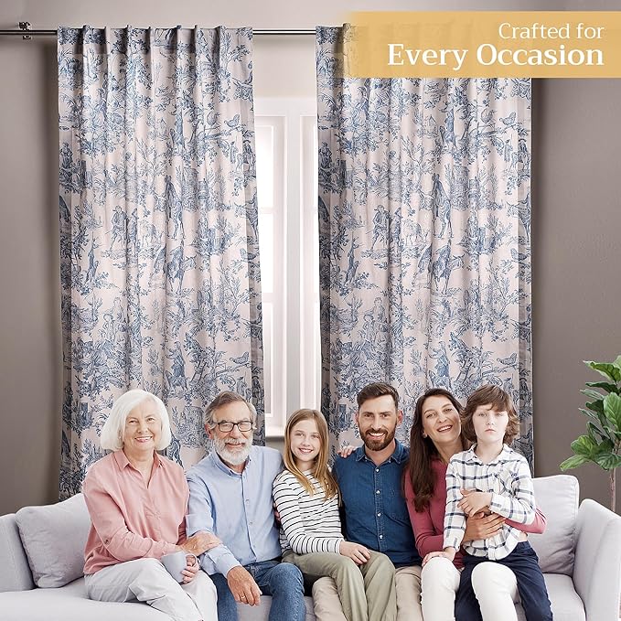 Maison d' Hermine Curtains for Living Room 100% Cotton 96 inch Length One Panel Light Filtering Toile Curtains for Bedroom Windows with Rod and Loop Pockets Drapes (The Miller Denim, 50" W x 96" L)