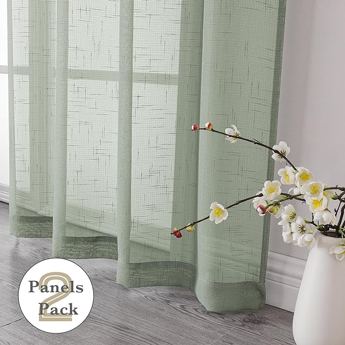 Aiyufeng Faux Sage Green Sheer Curtains 54 Inch Length 2 Panel Set, Fresh Farmhouse 54 Inch Long Sheer Linen Look Airy & Lightweight Elegant Window Treatments for Bedroom/Kitchen, 30Wx54L inch