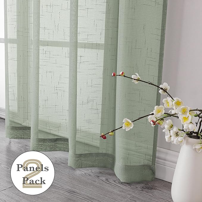 Aiyufeng Kirei Sage Green Linen Sheer Curtains 63 inch Length - Premium Flax Linen Material Soft Semi Sheer Half Privacy Protected for Livingroom, Bedroom, Farmhouse, W 40 x L 63 inch, 2 Panels
