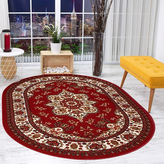 Antep Rugs Alfombras Oriental Traditional 5x7 Non-Skid (Non-Slip) Low Profile Pile Rubber Backing Indoor Area Rugs (Maroon, 5' x 7' Oval)
