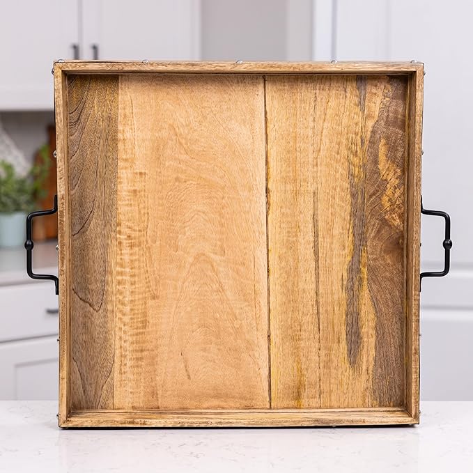 24"x24" Extra Large Square Ottoman Tray, Heavy Duty Mango Wood, for Serving Tea, Breakfast in Bed, Living Room Large Coffee Table Tray Rustic with Farmhouse Style, Decorative Handles and Accent Strap