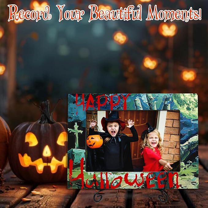4X6 Halloween Picture Frame With A Metal Stand-Dark Style, Moon Night Scary Cemetery Wooden Photo Frame For Tabletop Display- Gifts for Kids Friends Family, Halloween Theme- A30