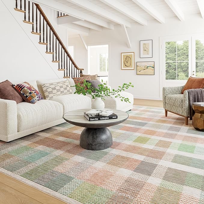 Dash & Albert Chanan Plaid Multi Machine Washable Rug, 7.5 X 9.5 Feet, Multicolored/Ivory Plaid Pattern