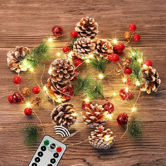 10FT Enchanting Christmas Garland with 30 LED Lights Battery Operated-Realistic Red Berries & Pine Cones Decor for Tree,Fireplace Mantel,Indoor Holiday Home Decor (10Ft)