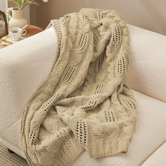 Amélie Home Chunky Knit Throw Blanket, Dual-Sided Soft Chenille Breathable Cable Knitted Blanket for Couch, Farmhouse Decorative Throw for Sofa & Chair, 50"x60", Beige