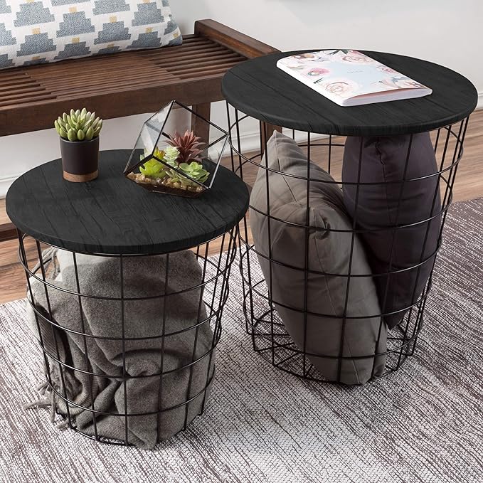End Tables Set of 2 - Nesting Tables with Removable Wood Tops and Metal Basket Bases for Blanket Storage - Round Side Pieces for Living Room, Bedroom, or Home Office by Lavish Home (Black)