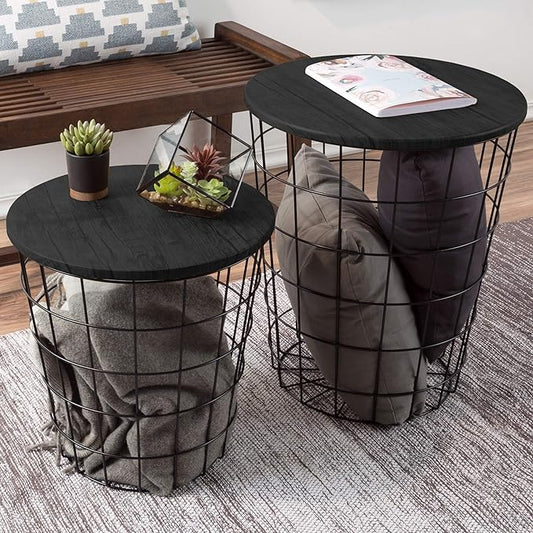 End Tables Set of 2 - Nesting Tables with Removable Wood Tops and Metal Basket Bases for Blanket Storage - Round Side Pieces for Living Room, Bedroom, or Home Office by Lavish Home (Black)
