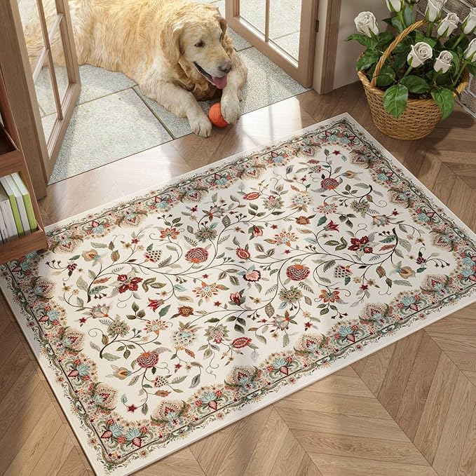 Rugcomf 2'x3' Entryway Rug - Paisley Pattern, Door Mat Indoor Entrance, Floral Vintage, Machine Washable, Non-Slip Low Pile Area Rug for Kitchen, Front Door, Kids Room - Beige