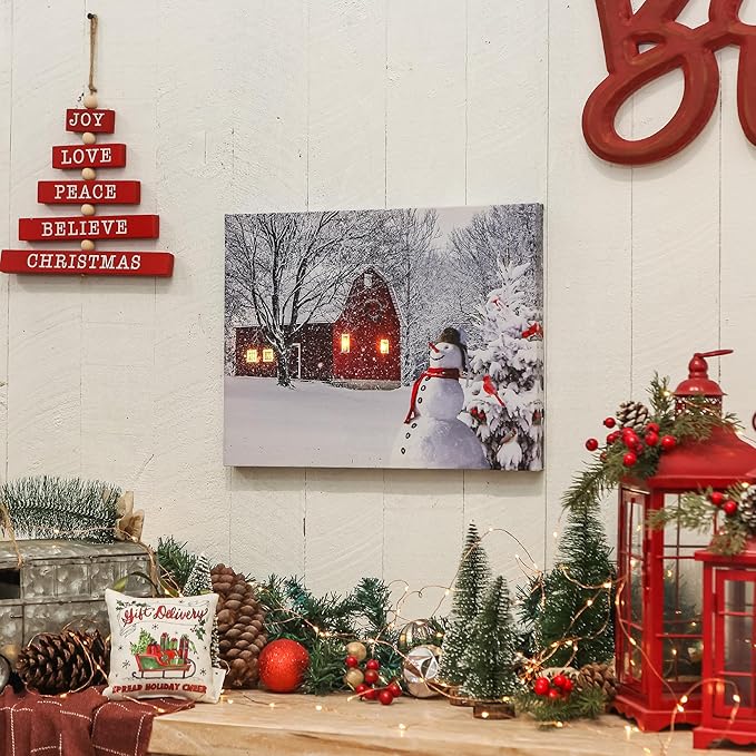 NIKKY HOME 16" x 12" Christmas LED Lighted Canvas Wall Art Prints Light Up Red Barn House Snowman and Christmas Tree Picture Winter Snow Scene for Holiday Decor