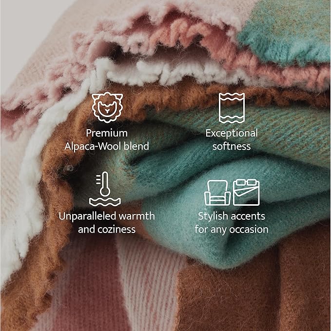 Double Stitch Alpaca Wool Throw Blanket - Warm, Soft Blanket for Couch, Luxury & Decorative Fleece Throw, Fall Plaid, Gift for Mother's Day, House Warming, 50" x 60", Harvest Multi