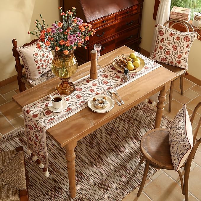 ISAENNE Designer Elegant Linen Table Runner 87 Inches Long,Vintage Orange Floral Pattern Table Runners for Dining Tables,Kitchen Decor,Thanksgiving,Christmas,Banquet,12"*87"-Alvarado A