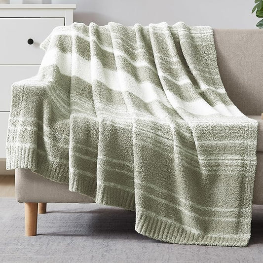 WRENGONGE Sage Green Throw Blanket, 60x80 Soft Cozy Striped Throw Blankets for Couch, Sofa, Bed, Travel, Lightweight Fluffy Warm Plush Decorative Blankets for Women, Men,Kids
