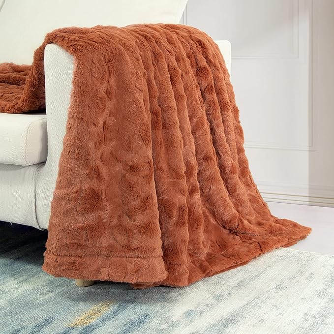 TOONOW Faux Fur Luxury Throw Blanket,Double Side Soft Fluffy Shaggy Fuzzy Blanket for Couch Sofa Bed (Carnelian, Throw)