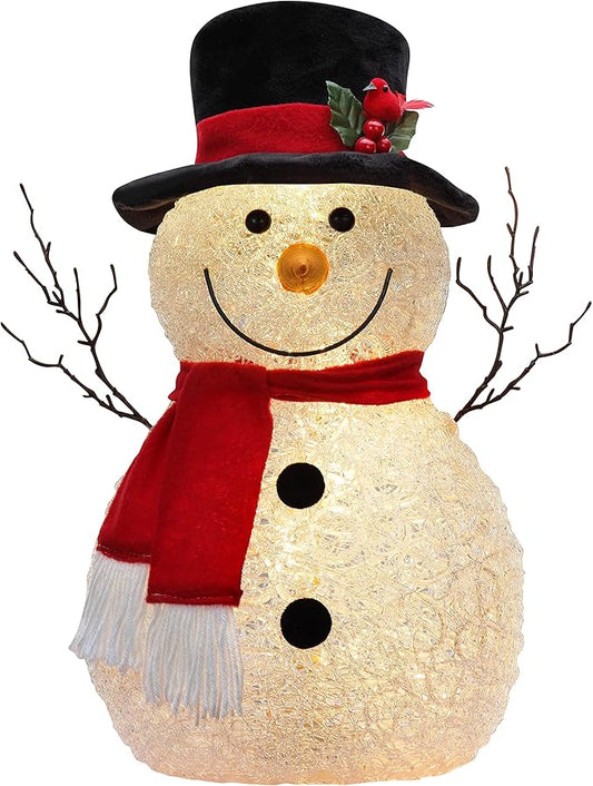 Haute Decor 17 inch Tall Spun Acrylic Snowman with Battery Operated LED Lights - Christmas and Winter Holiday Decoration for Table, Mantel, Counter, Hearth, Desk