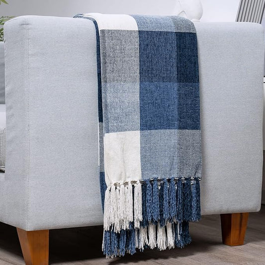 RECYCO Buffalo Paid Chenille Throw Blanket for Couch, Soft Cozy Decorative Buffalo Check Blanket Throw with Tassels for Bed Sofa, Lightweight Chenille Knitted Throw, Plaid Navy Off White, 50'' x 60''