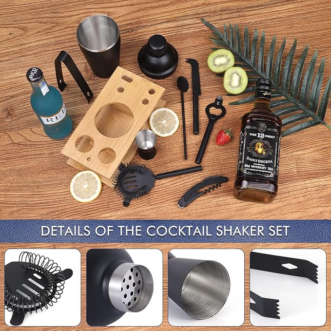 Cocktail Shaker Set Stainless Steel Bartending Kit 18.6oz Cocktail Bar Set Cocktail Mix Drink Making Kit Professional Bar and Home Drink Bar Tools for Bartender (Matte Black, 9Pcs)