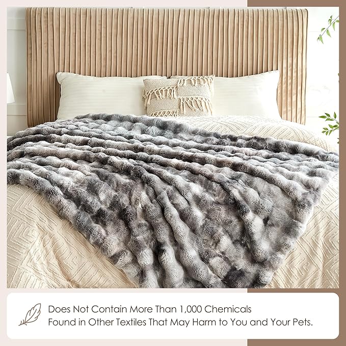 Luxury 1000GSM Faux Rabbit Fur Throw Blanket, Super Heavy Warm Cozy Blankets for Couch Bed Sofa, Bubble Plush Fuzzy Elegant Soft Reversible Mink Blanket for Living Room Bedroom, Tie-dye Grey