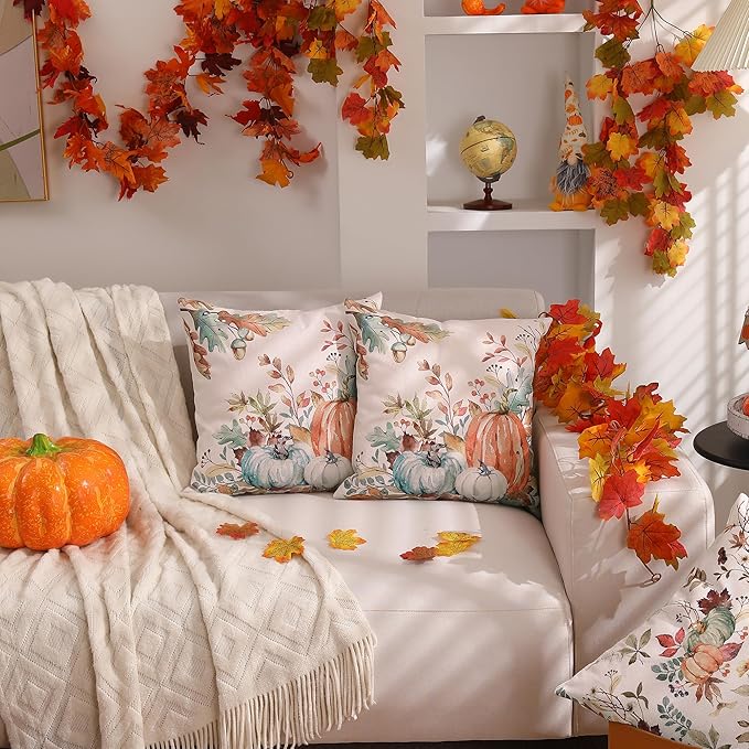 DFXSZ Fall Pillow Covers 20x20 inch Set of 2 Orange and Green Watercolor Pumpkin Fallen Leaves Decorative Throw Pillow Covers Autumn Thanksgiving Farmhouse Decoration for Home Couch TH27-D20