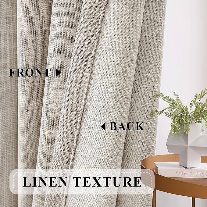 Macochico Pinch Pleated 100% Blackout Linen Curtains 120 Inch Width by 84 Inch Length, Thermal Window Drapery for Living Room Bedroom Nursery Farmhouse, Sand Beige Drapes with Tieback 1 Panel