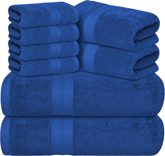 Avalon Towels Luxury 8 Piece Blue Towels Set, 2 Bath Towels, 2 Hand Towels and 4 Washcloths, 600 GSM 100% Ring Spun Cotton Highly Absorbent Royal Blue Bathroom Towels, Ideal for Hotel, Spa and Gym