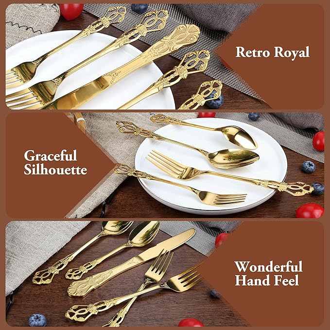 Silverware Set, 30 Pieces Retro Royal Silverware Set for 6, Anti-rust Stainless Steel Flatware Set Including Fork Spoon and Knife, Dishwasher Safe, Gold