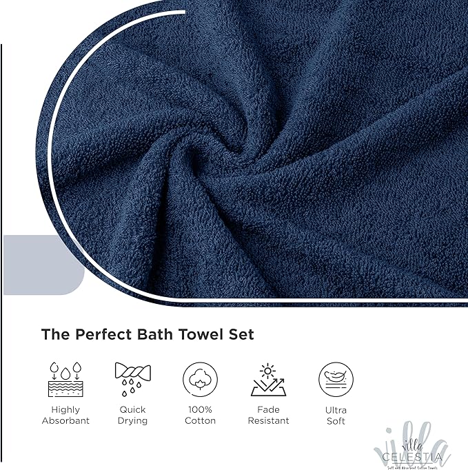 100% Combed Cotton Bathroom Towel Set of 10- 2 Bath Towels, 4 Hand Towels, 4 Wash Cloths, Sustainable, Soft, Highly Absorbent 10 Piece Cotton Bath Towel Set for Hotels, Spa, Bathroom, Dorm, Navy Blue