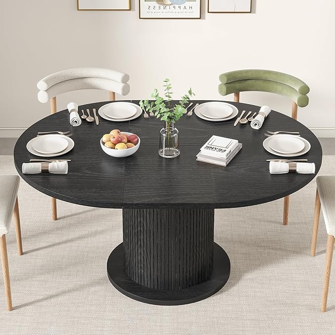 43.3 inch 59 inch Adjustable Size Round Dining Table for 4 6, Unique Design Modern Farmhouse Kitchen Table, Circle Dining Tables with Wood Strip Base for Kitchen Living Room (Black)