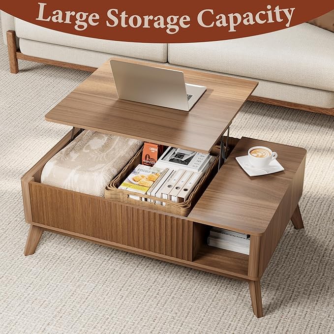 Lift Top Coffee Table with Storage Hidden Compartment, 40" Mid - Century Modern Wooden Living Room Center Table, Adjustable Height Desk for Laptop, Multifunctional Sofa Side Table，Walnut
