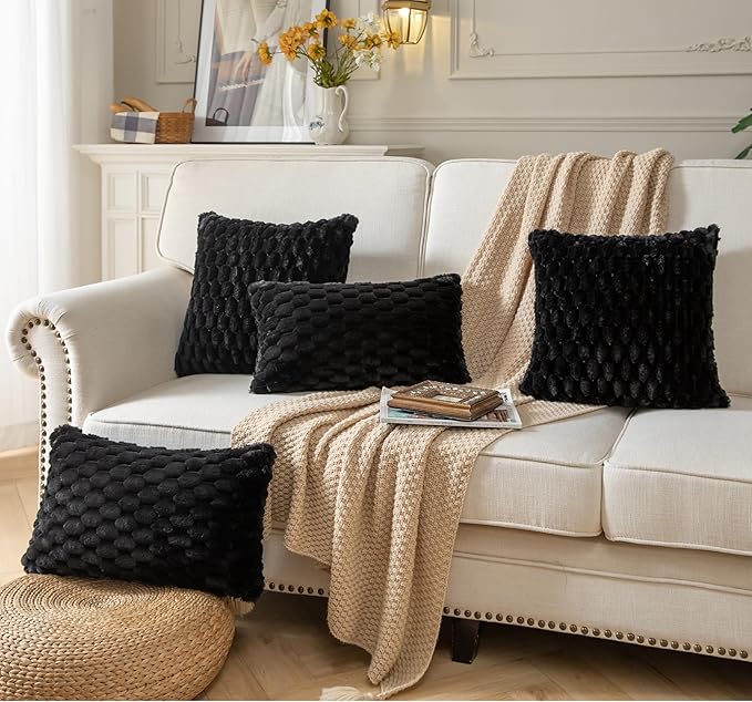 Pack of 2 Super Soft Throw Pillow Covers 18x18 Inch Faux Fur Plush Pillowcase Luxury Cozy Fluffy Decorative Cushion Cover for Sofa Couch Bed Livingroom Black