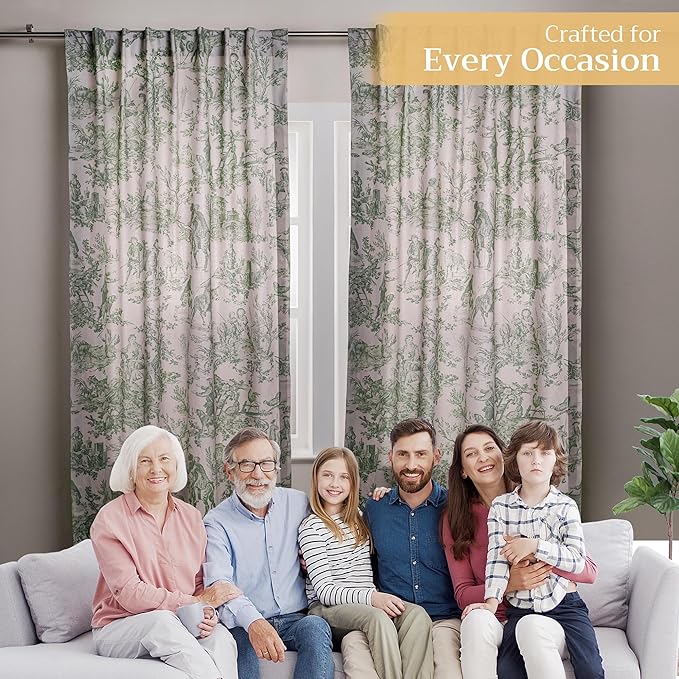 Maison d' Hermine Curtains for living room 100% Cotton 108 inch length Two Panels Light Filtering Toile Curtains for Bedroom Windows with rod and loop Pockets (The Miller Antique Green, 50"W x 108"L)