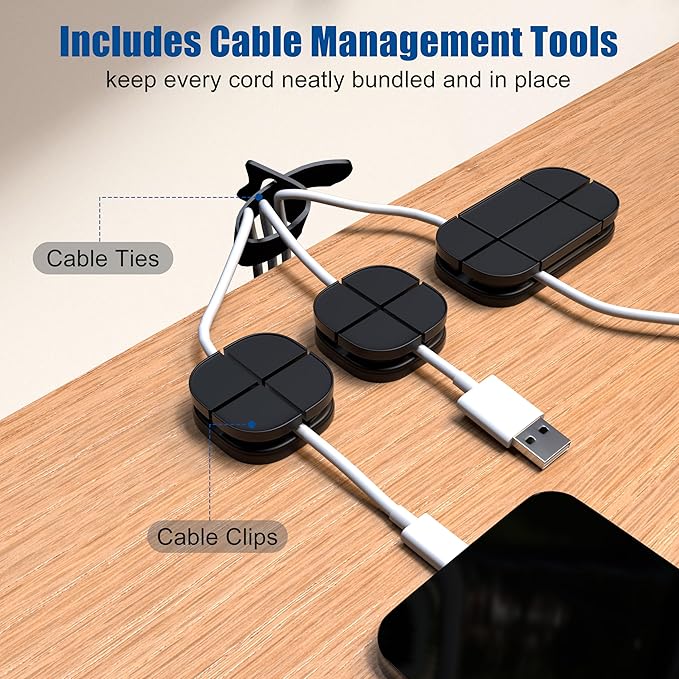 2 Pack Under Desk Cable Management Tray, Metal Wire Management Standing Desk Cord Organizer Power Strip Holder with Cable Ties and Clips for Home Office, Black