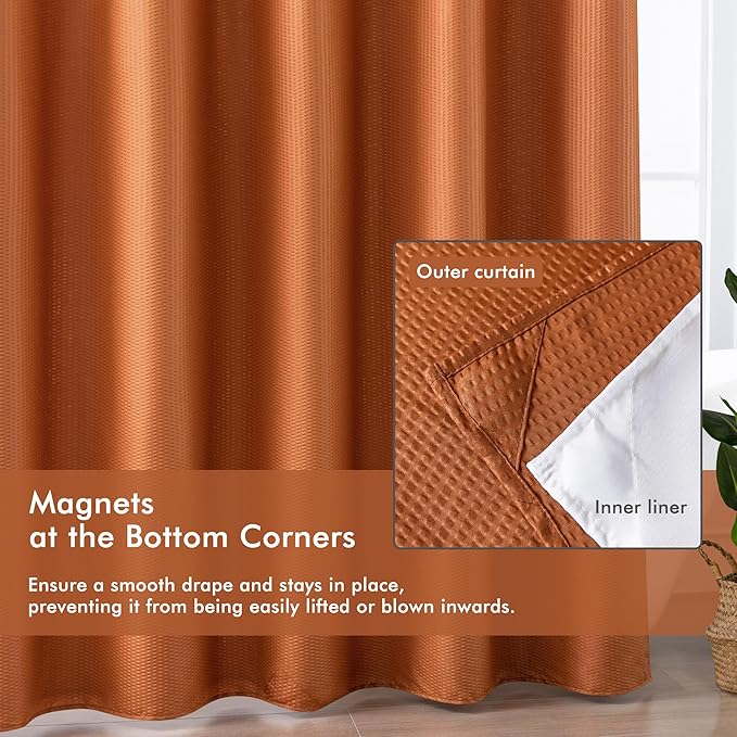 Mrs Awesome No Hook Shower Curtain with Snap-in Liner, Embossed Waffle Design Fabric Shower Curtain for Bathroom, Soft & Lightweight, 71x74, Taerracotta